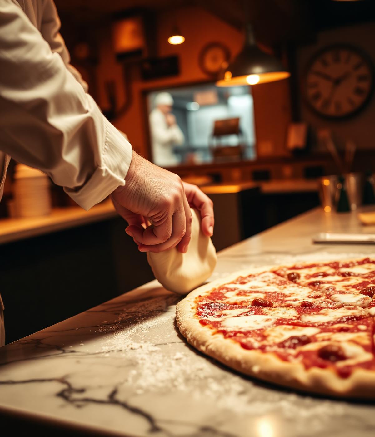 Pizzaiolo che lavora l'impasto a mano
